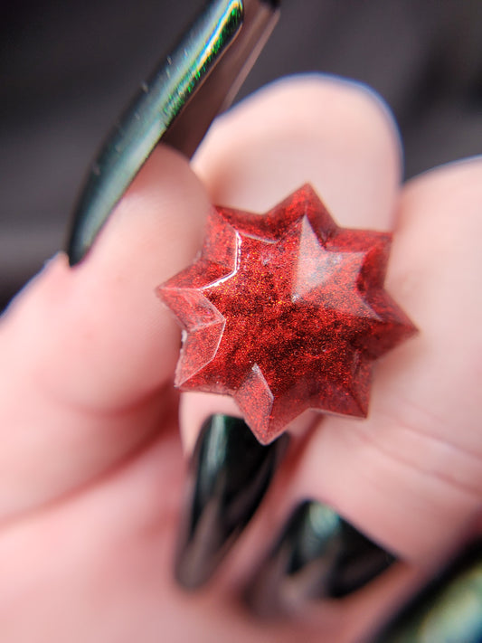 Goth Red Starburst Resin Cabochon Ring with Adjustable Black Filigree Band