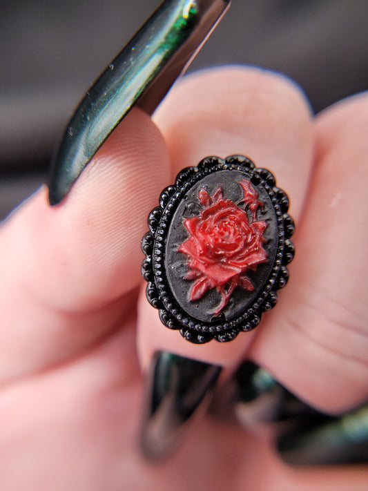 Gothic Red and Black Rose Resin Cameo Ring with Adjustable Black Band