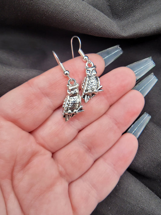 Cute Silver Owl Charm Dangle Fish Hook Earrings