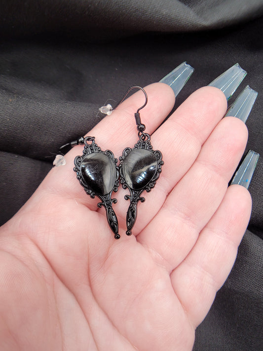 Black Goth Gothic Hand Mirror Charm Earrings