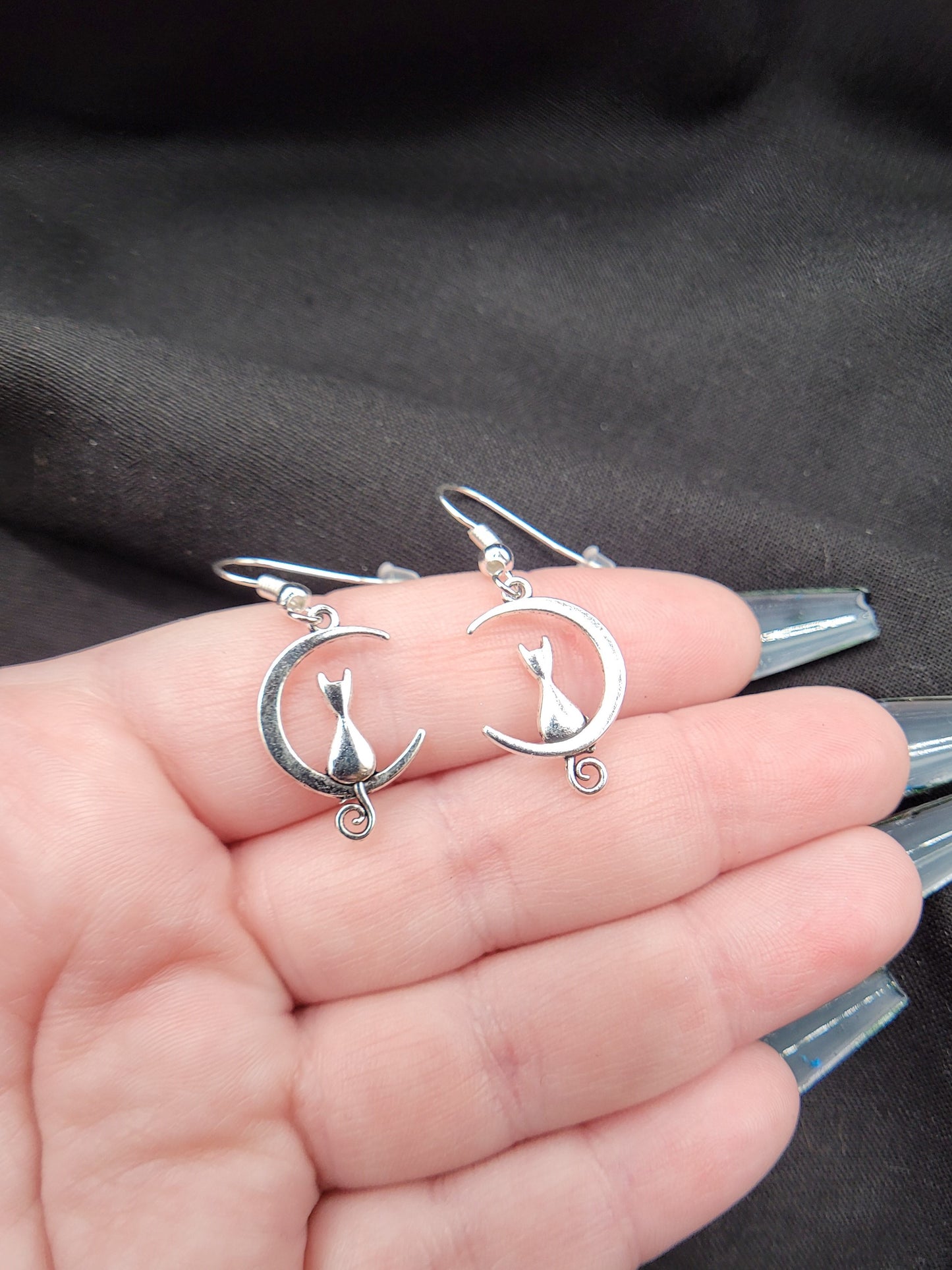 Dainty, Cute Cat and Crescent Moon Silver Charm Earrings