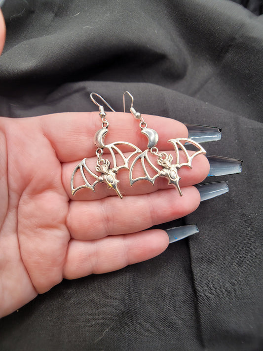 Silver Goth Occult Vampire Bat and Crescent Moon Earrings