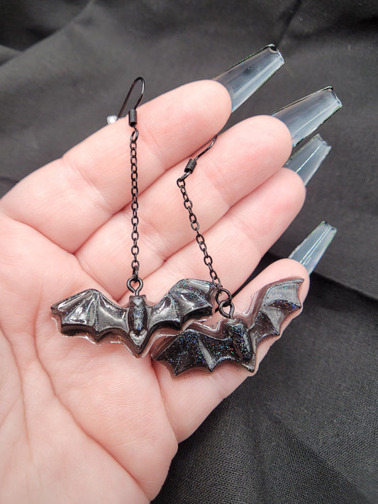 Unique Handmade Goth Black Holographic Dangle Resin Bat Earrings