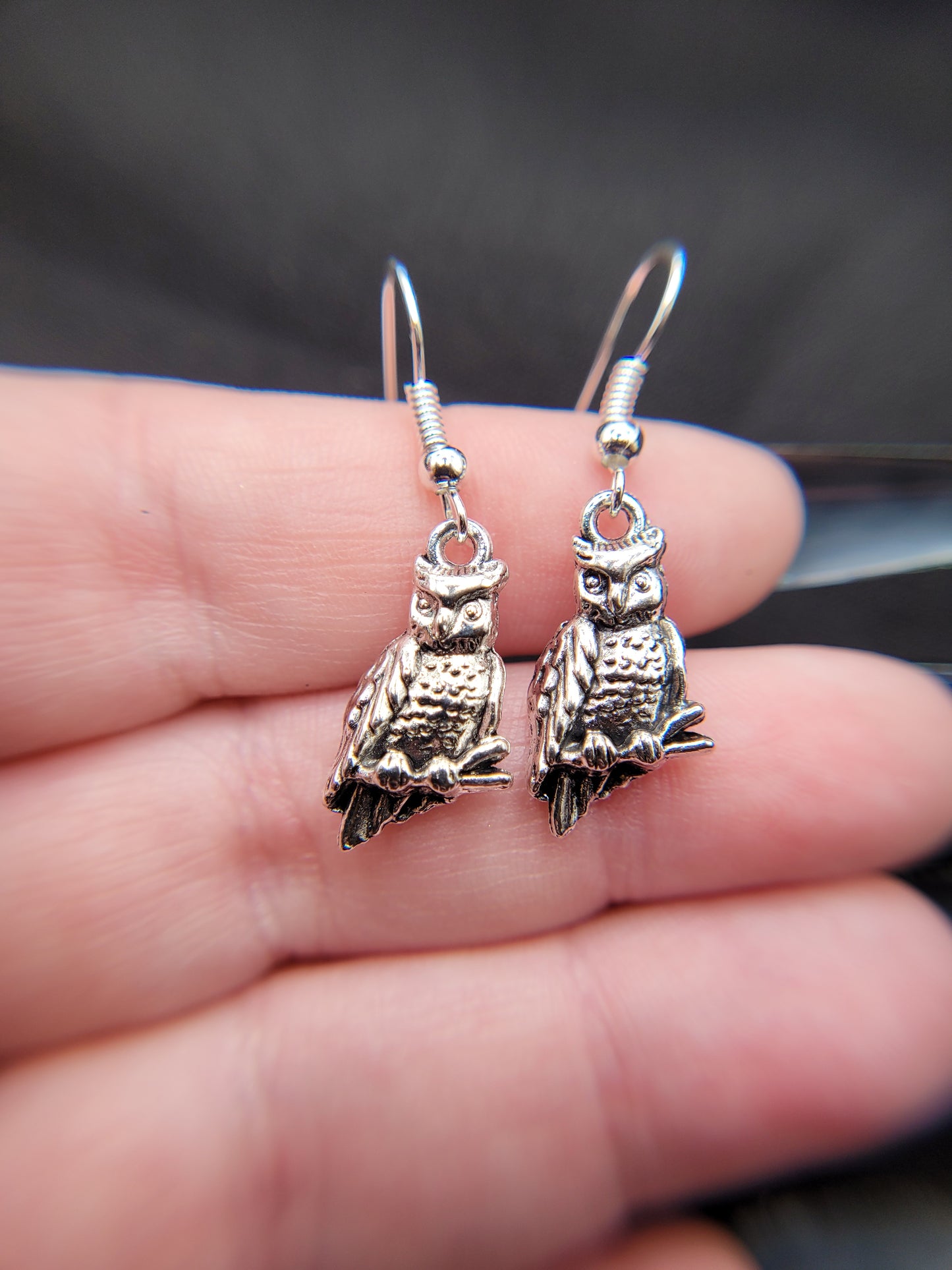 Cute Silver Owl Charm Dangle Fish Hook Earrings