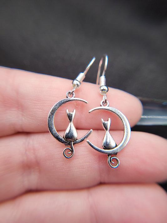 Dainty, Cute Cat and Crescent Moon Silver Charm Earrings