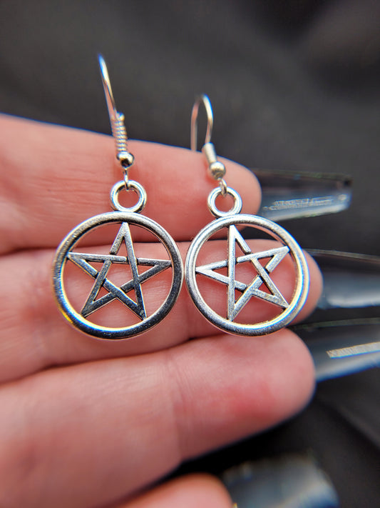 Silver Goth Satanic Pagan Pentagram Pentacle Charm Earrings