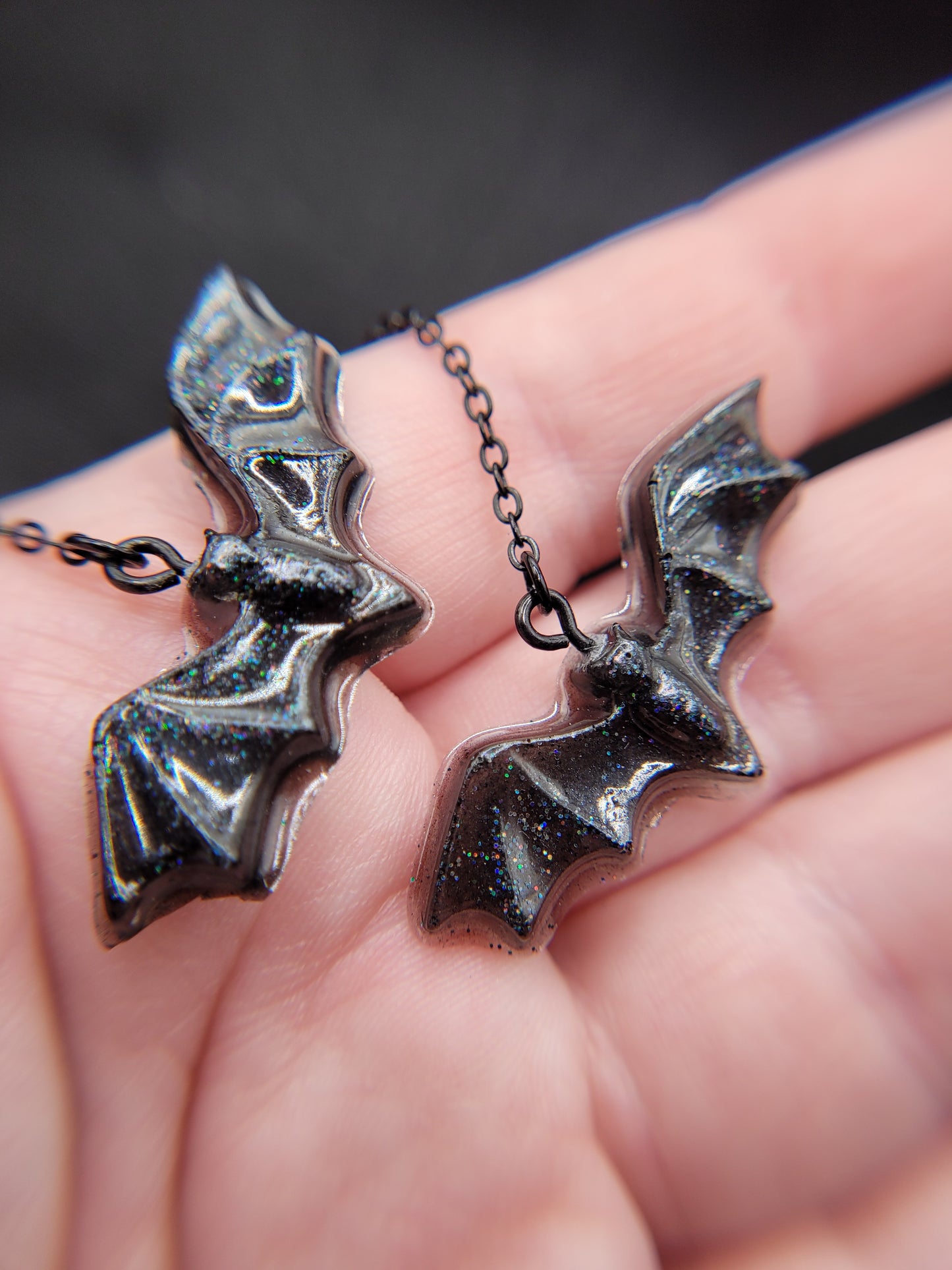Unique Handmade Goth Black Holographic Dangle Resin Bat Earrings