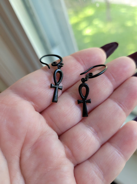 Delicate Goth Small Matte Black Ankh Spiral Swirl Earrings
