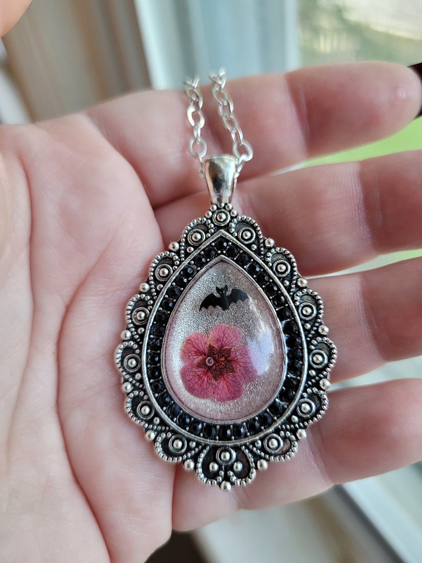 Goth Dried Flower and Black Bat Sequin Ornate Teardrop Pendant Necklace with Black Rhinestones