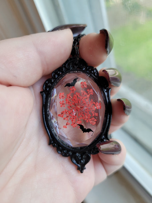 Gothic Black and Red Dried Flower and Bat Faceted Cabochon Resin Pendant Necklace