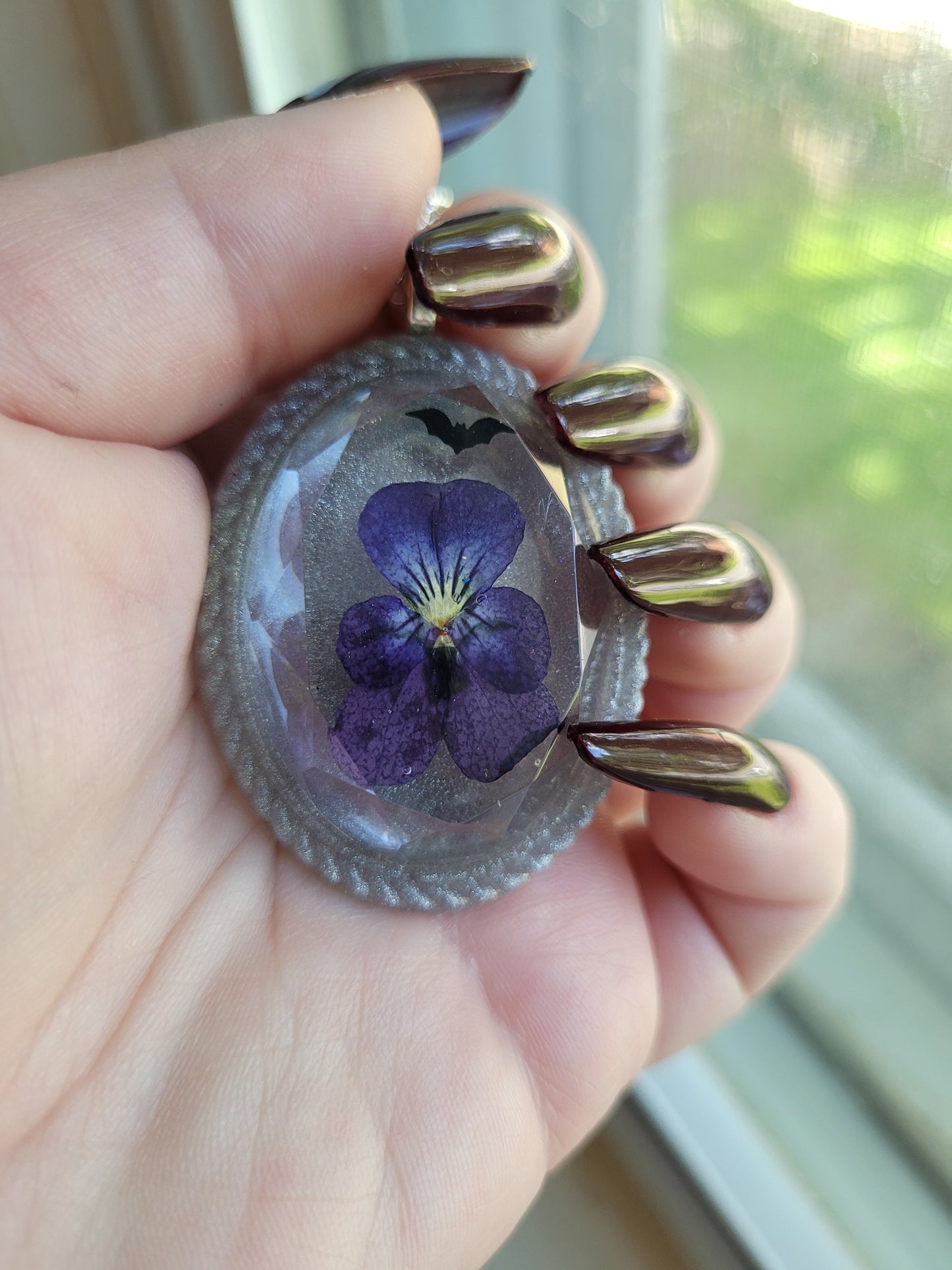Goth Silver and Purple Pressed Pansy Resin Pendant with Black Bat Glitter