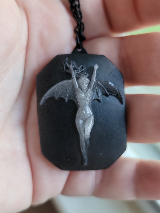 Handmade Black and White Resin Vampire Woman Cameo Necklace