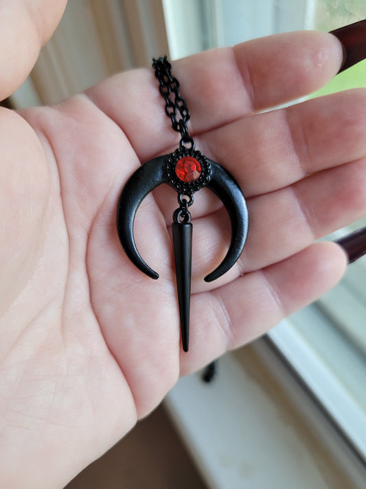 Goth Black and Red Crescent Moon Dangle Spike Cone Pendant Charm Necklace