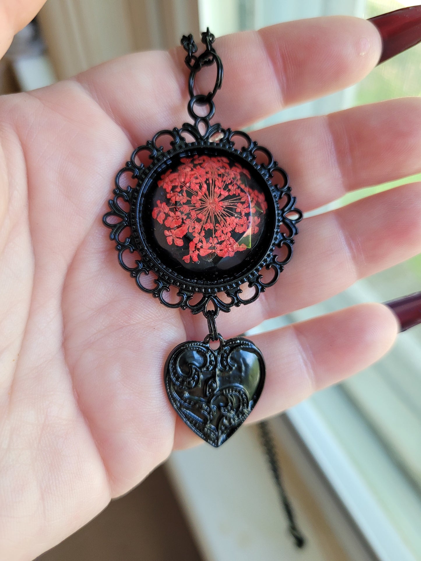 Goth Black and Red Resin Pressed Flower Cabochon Pendant with Black Dangle Heart Charm