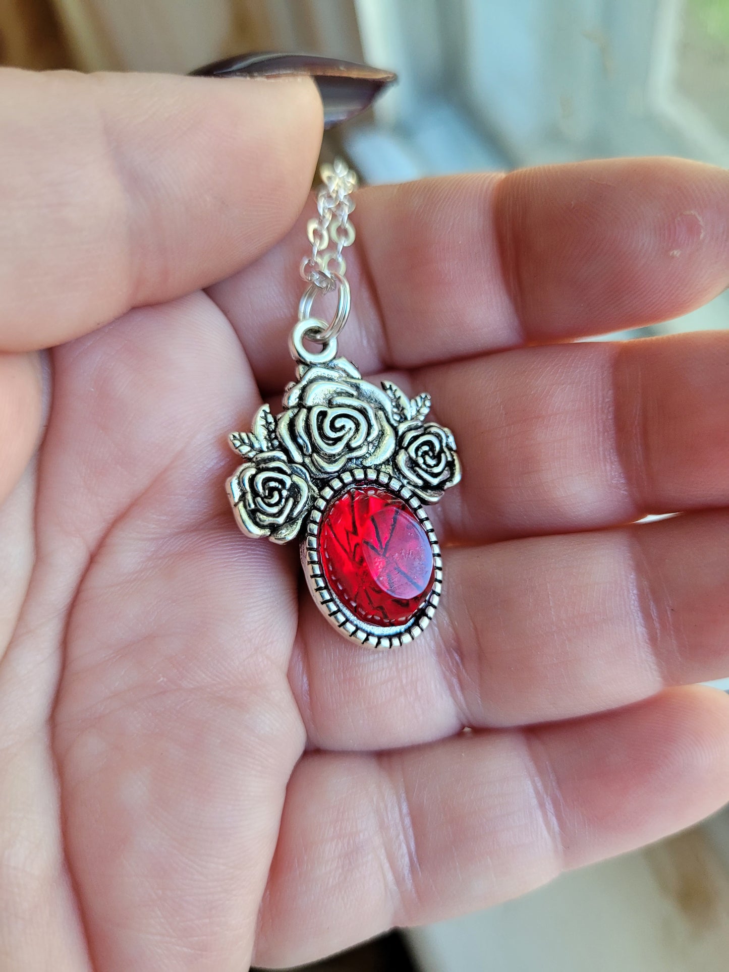 Resin Cabochon Silver Rose Pendant