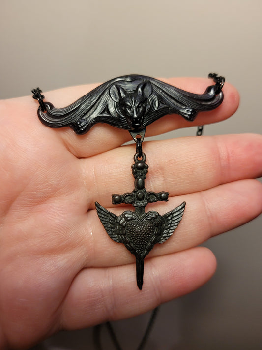 Goth Black Resin Vampire Bat with Dangling Goth Sword and Winged Heart Brass Charm