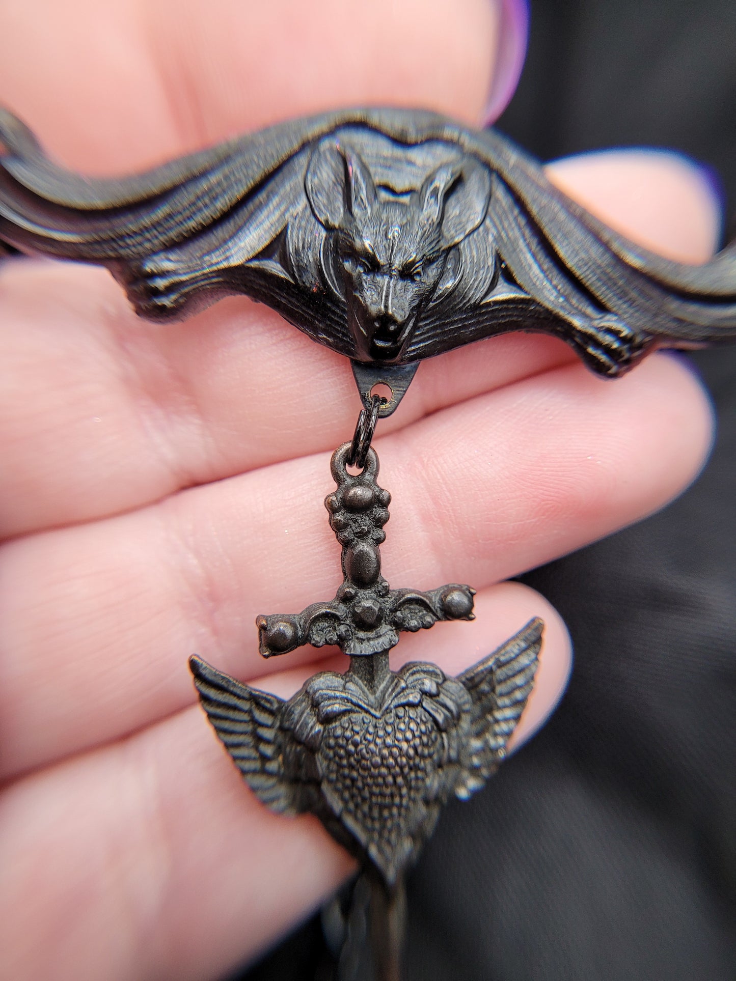 Goth Black Resin Vampire Bat with Dangling Goth Sword and Winged Heart Brass Charm