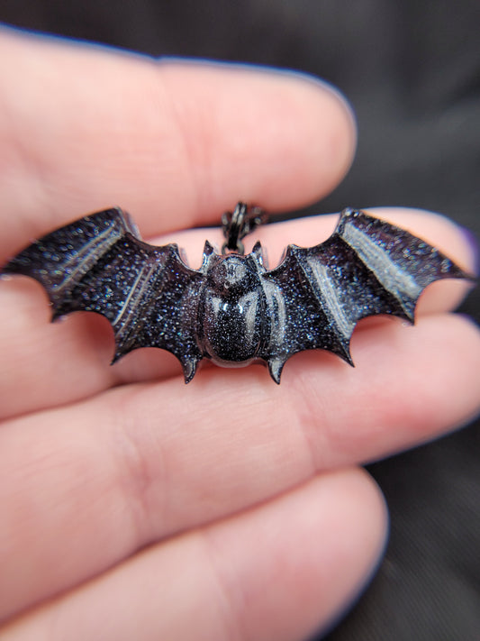 Goth Resin Black Sparkly Bat Pendant Necklace