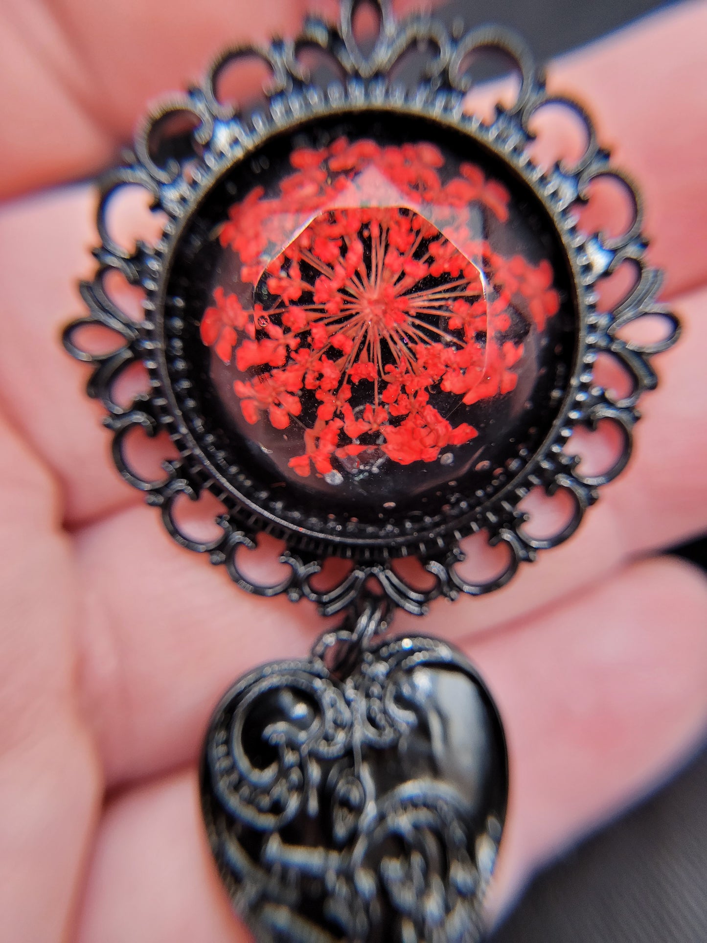 Goth Black and Red Resin Pressed Flower Cabochon Pendant with Black Dangle Heart Charm