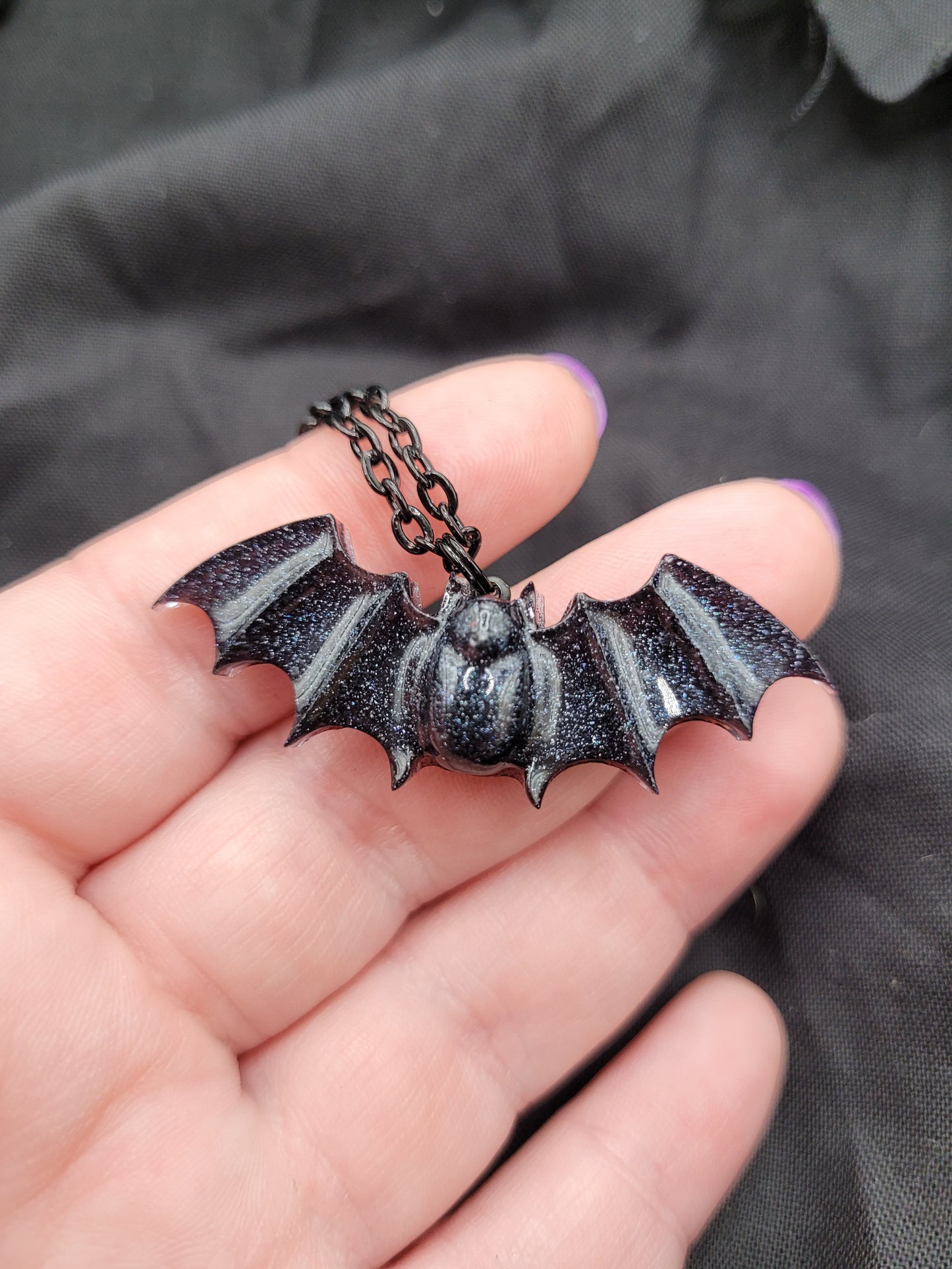 Goth Resin Black Sparkly Bat Pendant Necklace