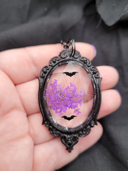 Gothic Black and Purple Bat and Pressed Flower Faceted Cabochon Pendant Necklace