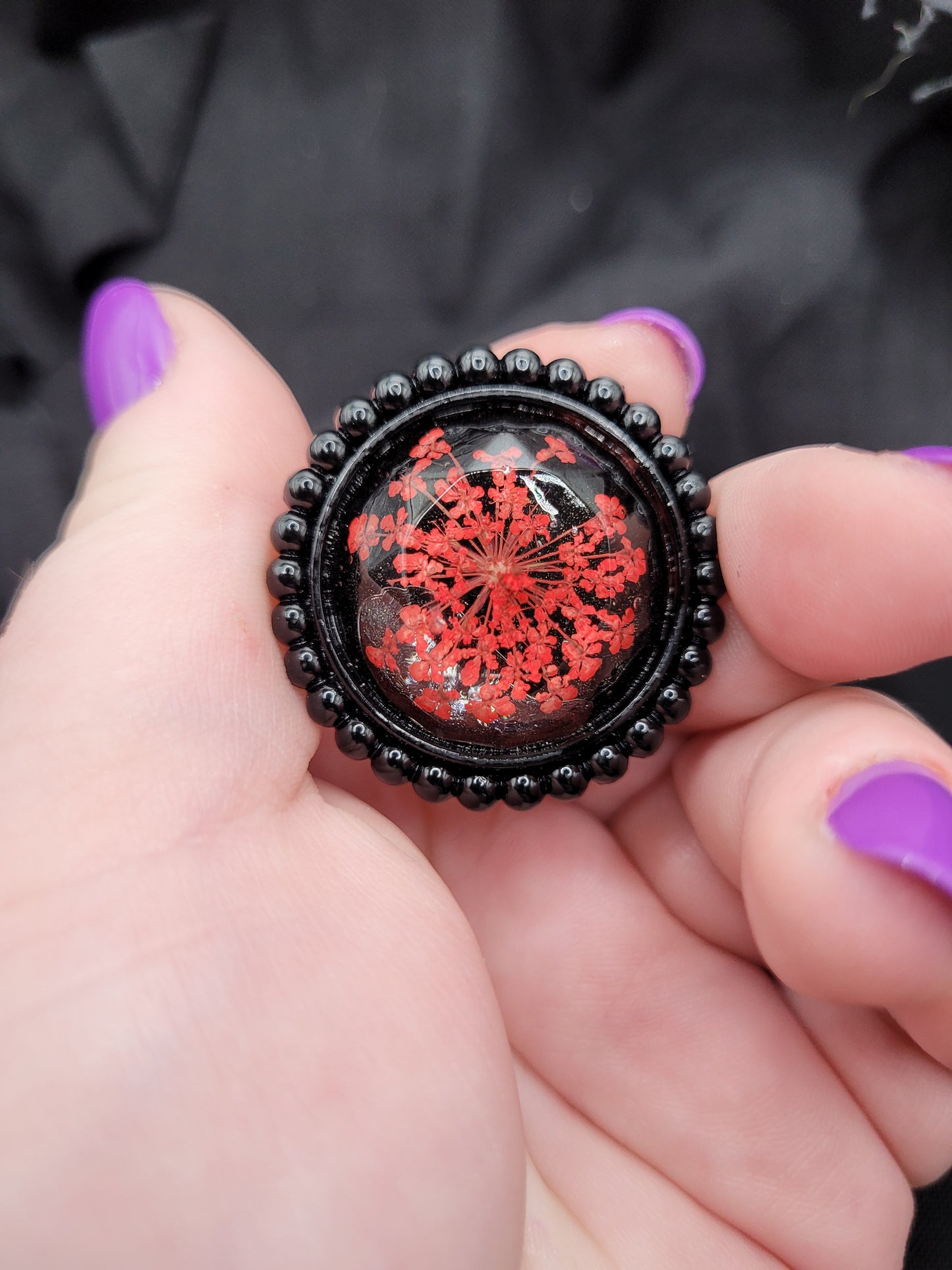 Goth Black and Red Dried Flower Resin Cabochon Adjustable Ring