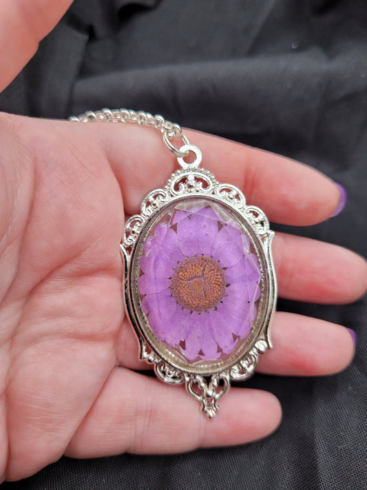 Purple and Silver Resin Pressed Daisy Pendant Necklace