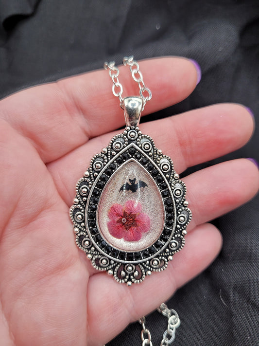 Goth Dried Flower and Black Bat Sequin Ornate Teardrop Pendant Necklace with Black Rhinestones