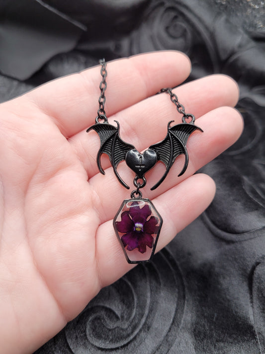 Goth Black and Dark Purple Bat Wing Resin Pressed Verbena Flower Dangle Coffin Necklace