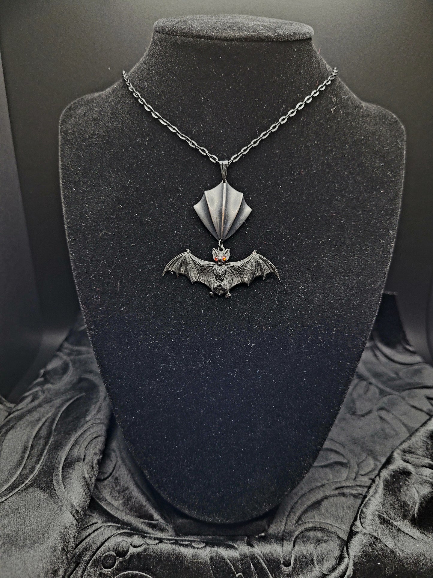 Goth Black Resin Bat Necklace with Red Eyes and Bat Wing Connector