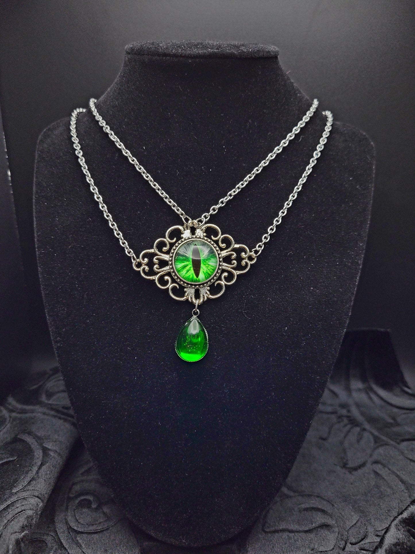 Double Strand Silver and Green Dragon Eye RPG DND Fantasy Necklace with Dangle Resin Teardrop