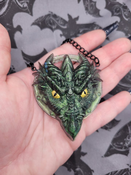 D&D RPG Fantasy Green Multichrome Hand-Painted Handmade Resin Dragon Pendant Necklace