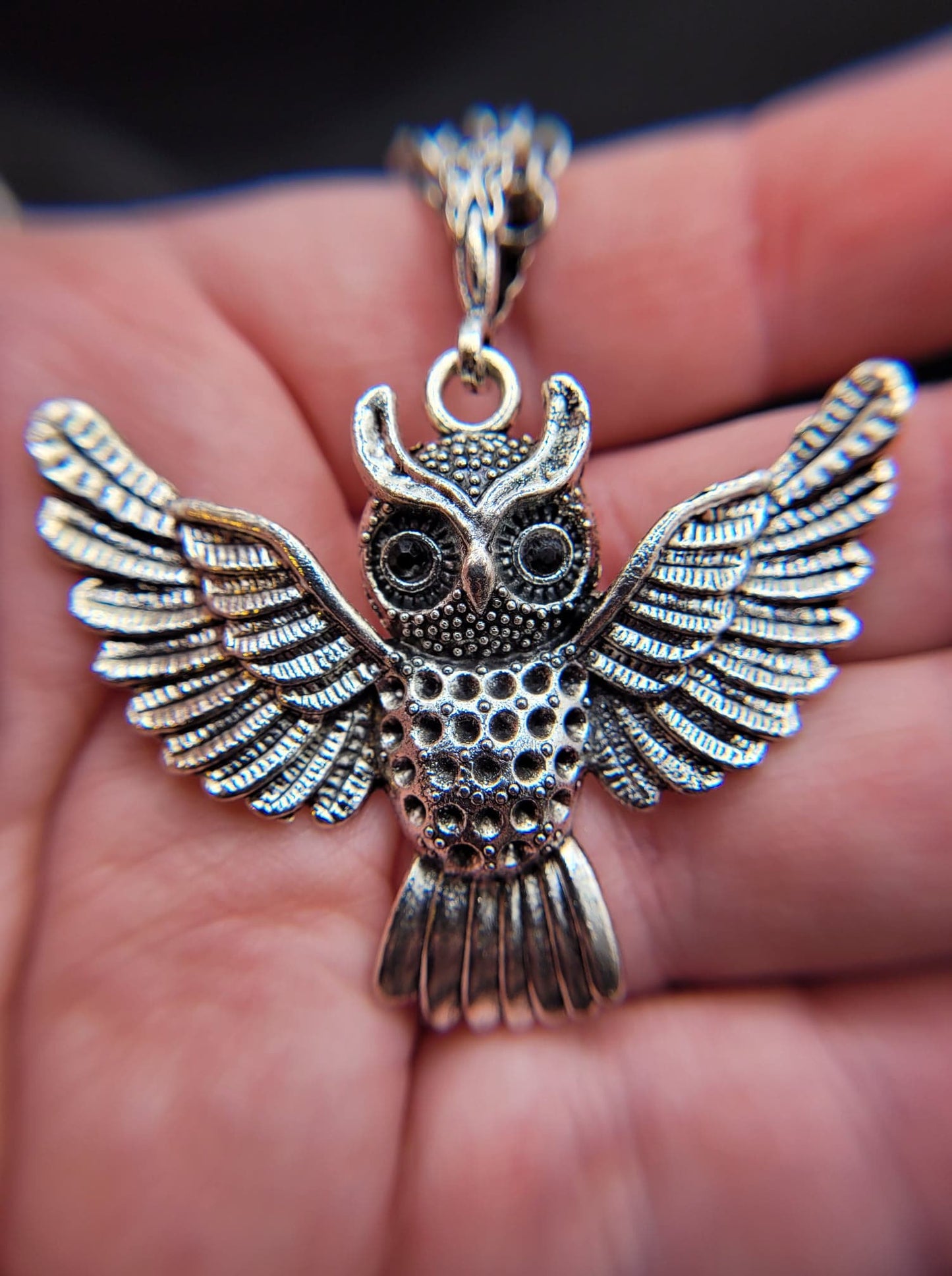Goth Silver Owl Pendant with Black or Red Rhinestone Eyes