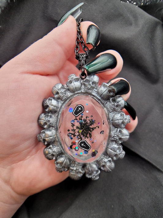 Unique Handmade Goth Resin Silver Skull Faceted Cabochon Pendant with Coffins, Black Pressed Queen Anne's Lace, and Black Multichrome Glitter