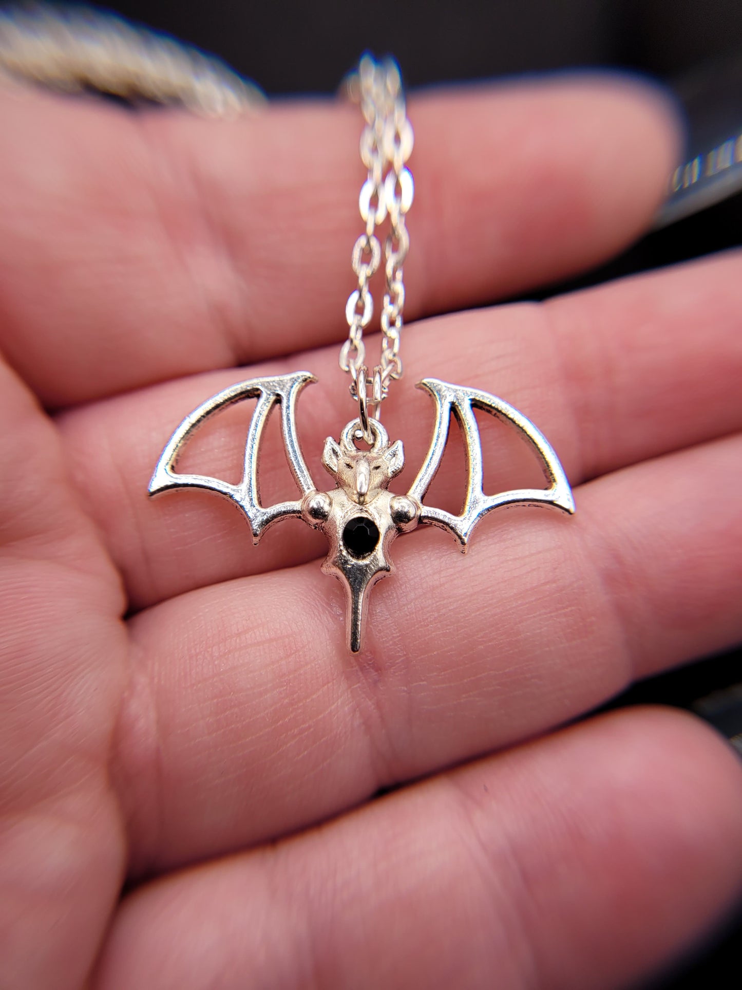 Goth Silver, Black, and Red Vampire Bat Charm Necklace
