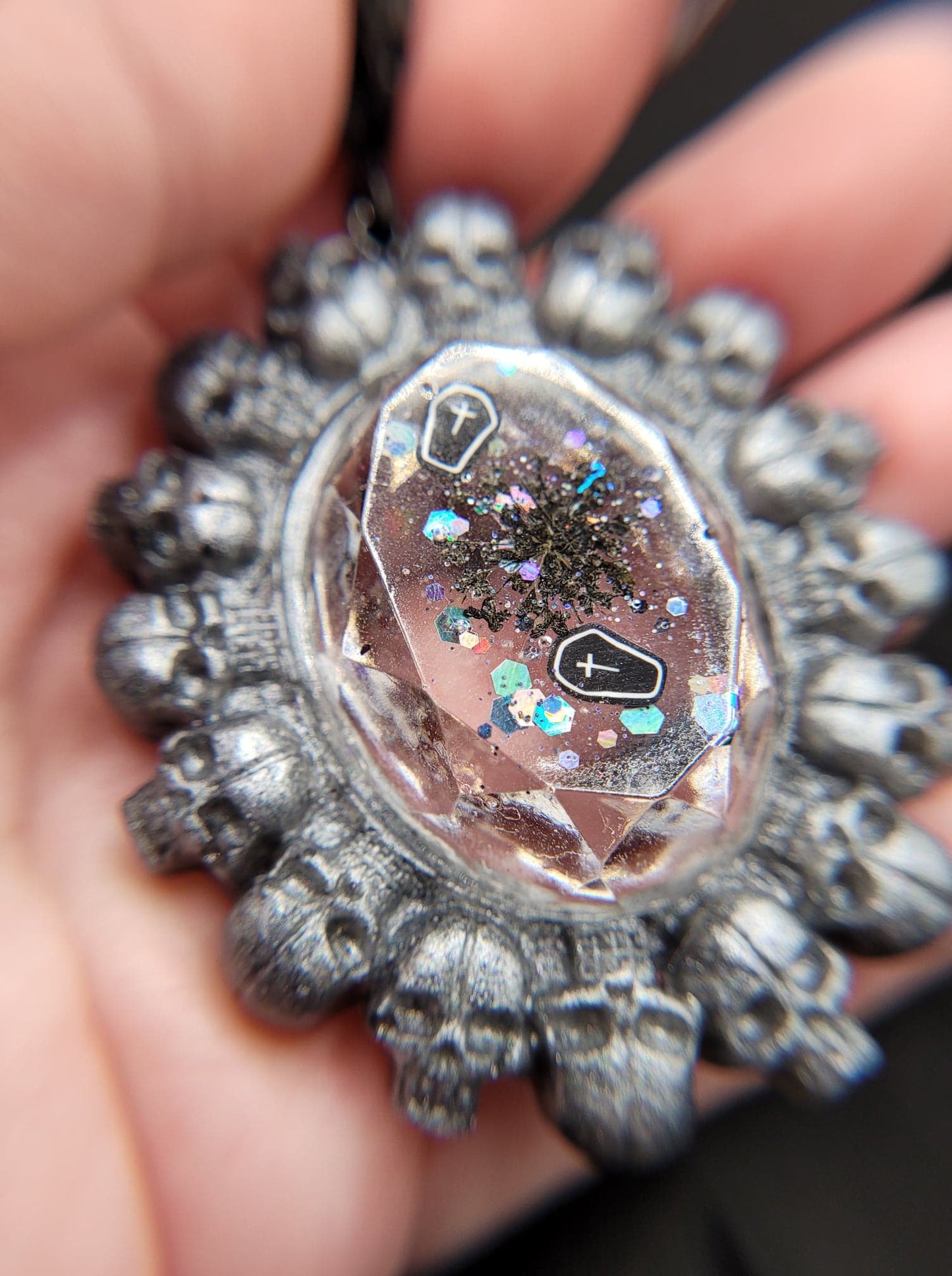 Unique Handmade Goth Resin Silver Skull Faceted Cabochon Pendant with Coffins, Black Pressed Queen Anne's Lace, and Black Multichrome Glitter