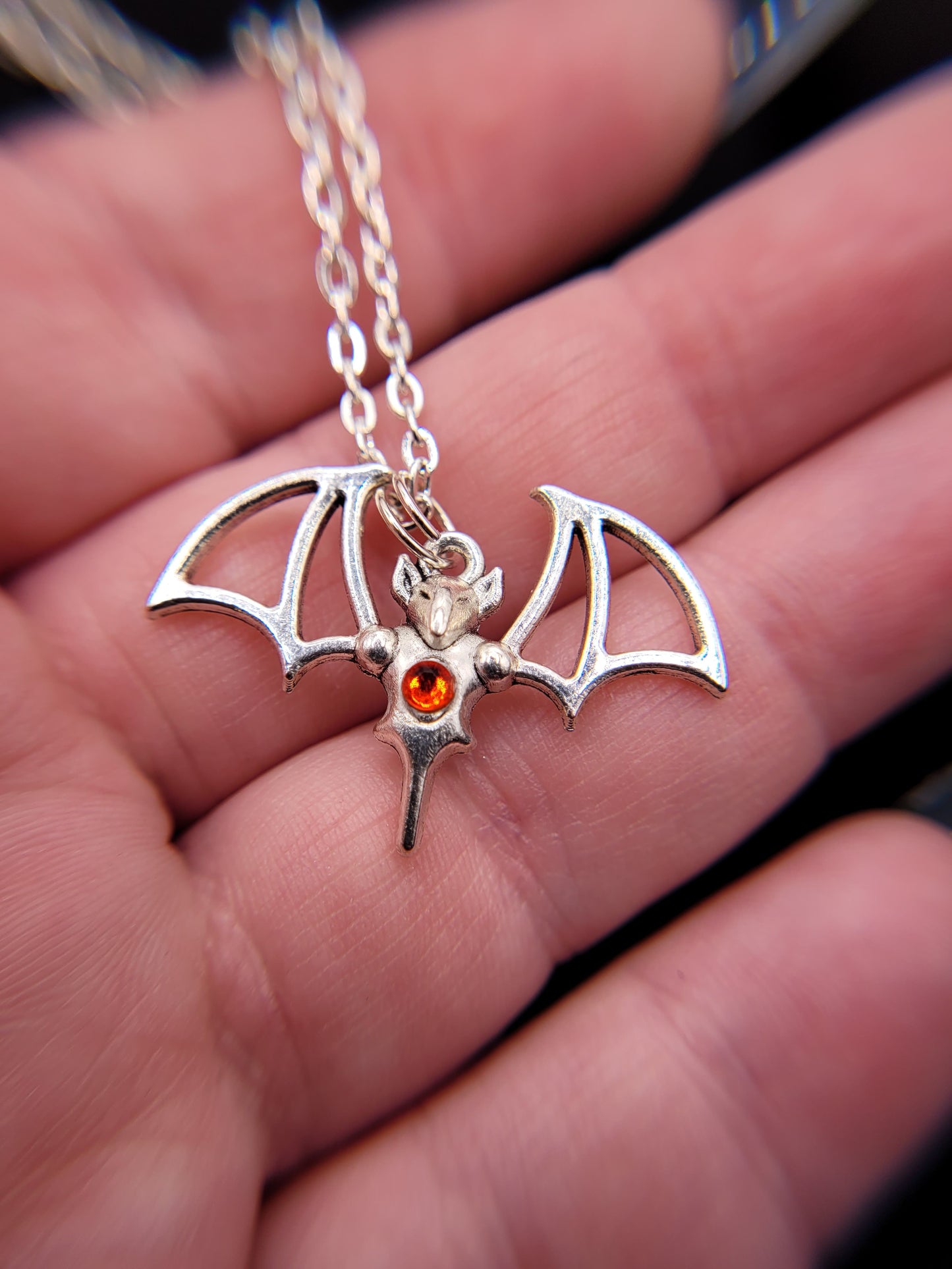 Goth Silver, Black, and Red Vampire Bat Charm Necklace