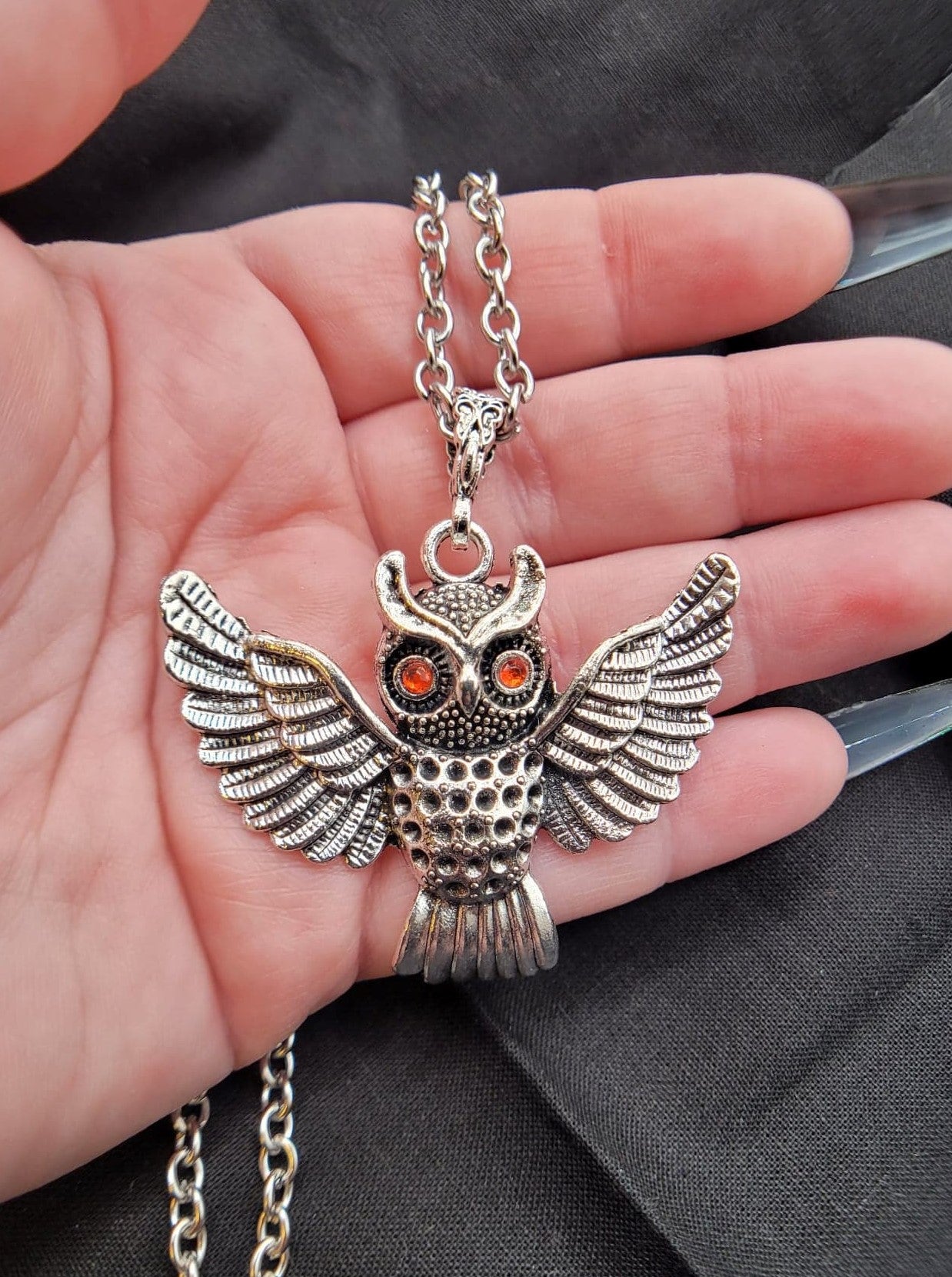 Goth Silver Owl Pendant with Black or Red Rhinestone Eyes