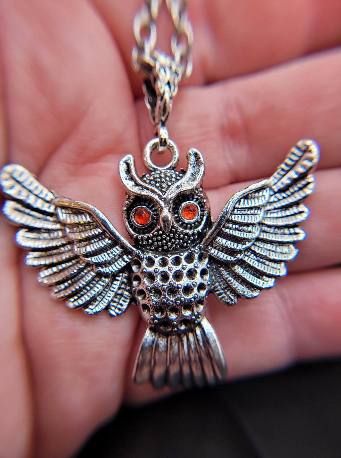 Goth Silver Owl Pendant with Black or Red Rhinestone Eyes