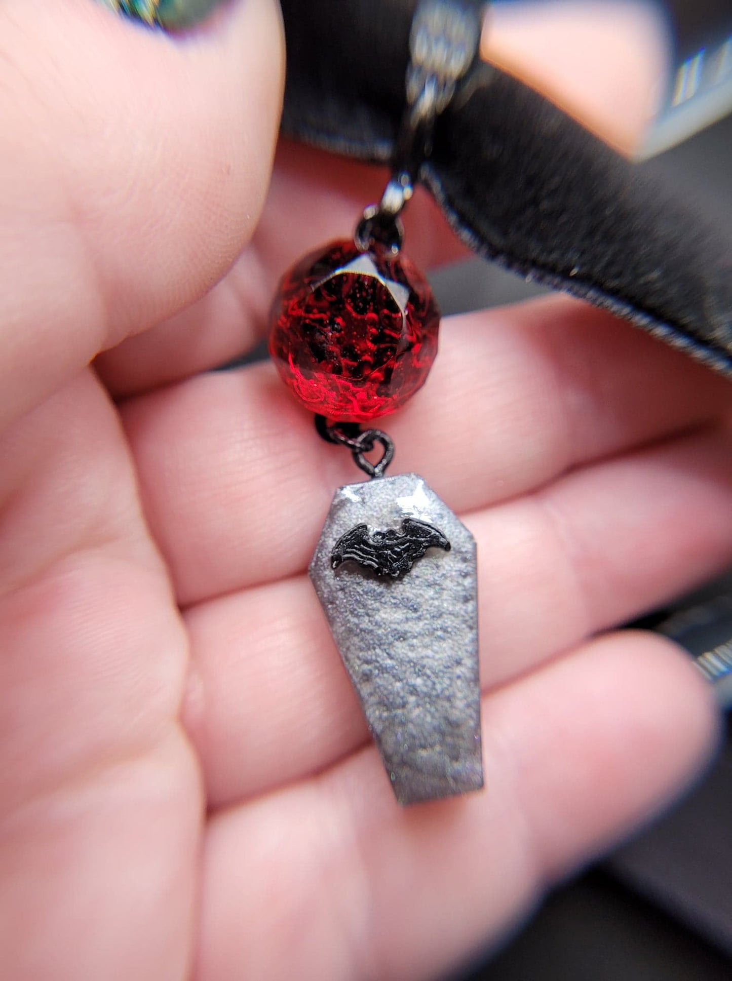 Gothic Black, Gray, and Blood Red Velvet Bat Coffin Choker with Faceted Resin Cabochon and Ornate Black Bail