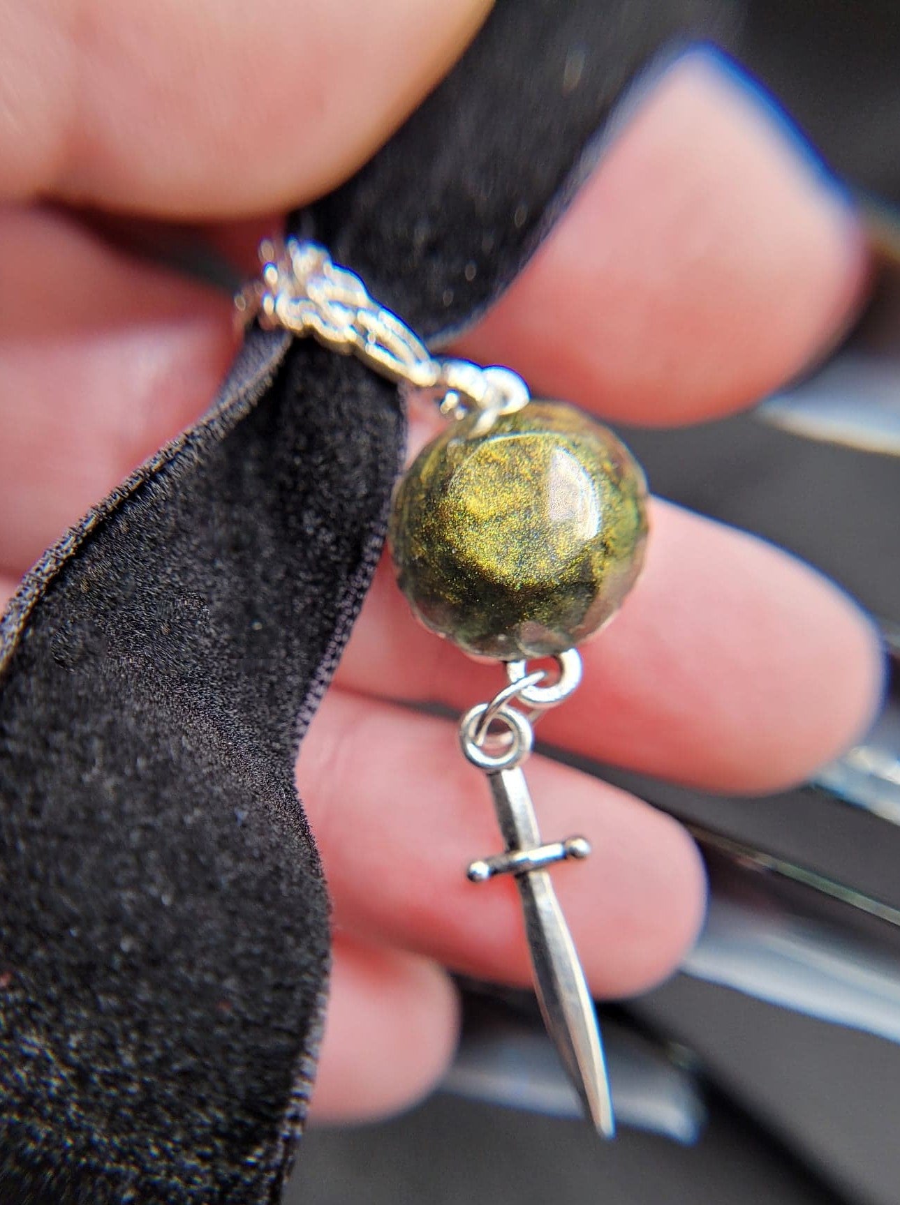 Silver and Green Unique Handmade Goth RPG Velvet Dagger Choker with Resin Cabochon and Ornate Silver Bail