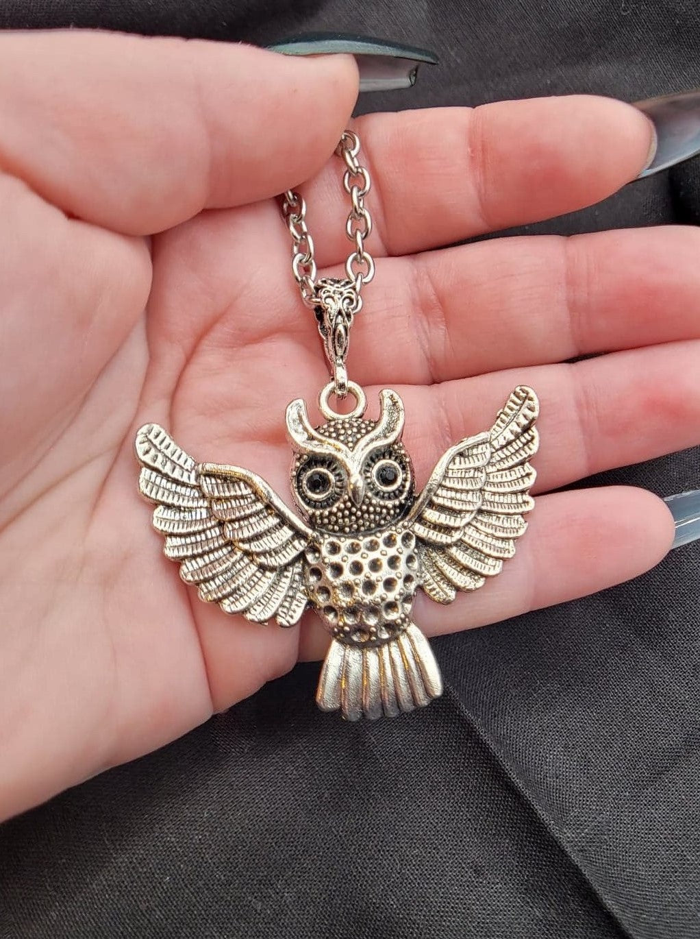 Goth Silver Owl Pendant with Black or Red Rhinestone Eyes