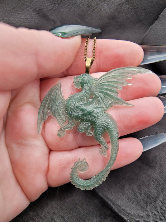 Handmade Green and Bronze Resin DnD Dragon Pendant Necklace