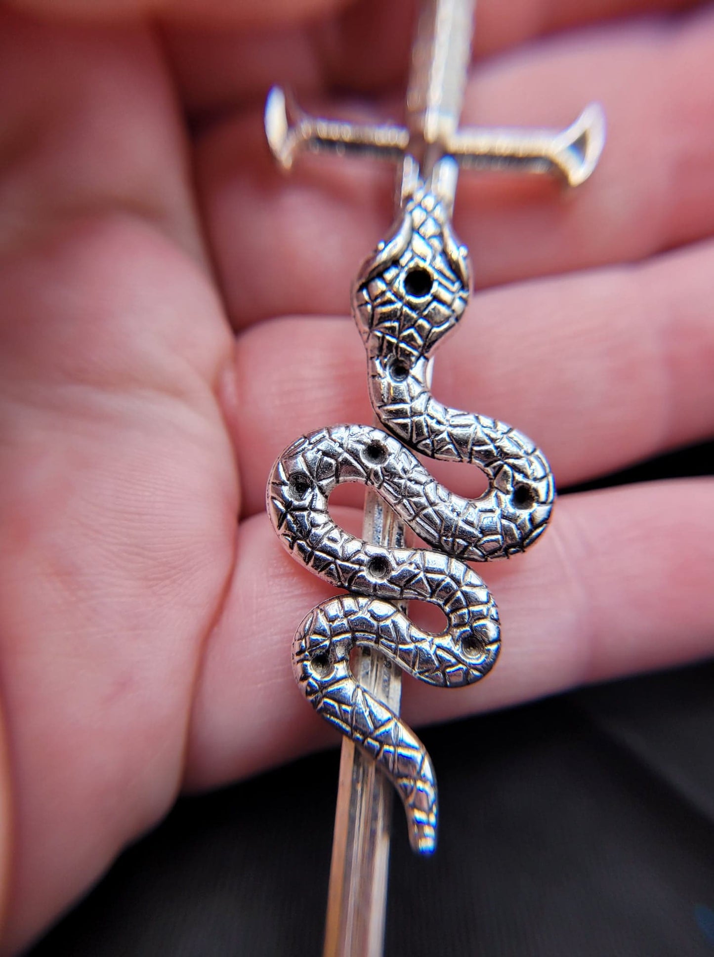 Silver Gothic Occult Fantasy Sword Serpent Snake Charm Pendant Necklace