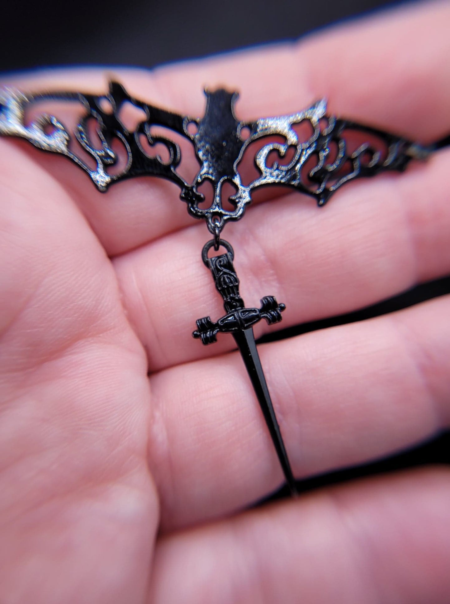 Goth Swirling Ornate Filigree Bat Necklace with Dangling Black Dagger Charm