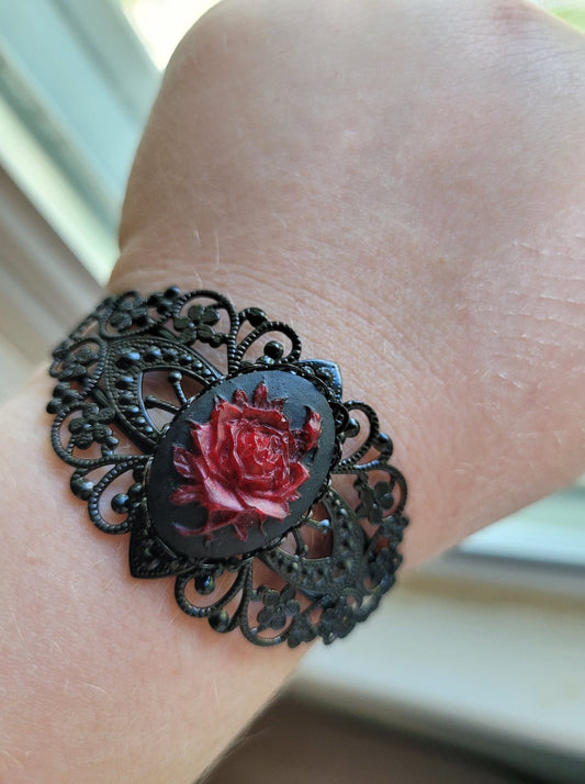 Ornate Gothic Black and Red Filigree Rose Resin Cameo Bracelet