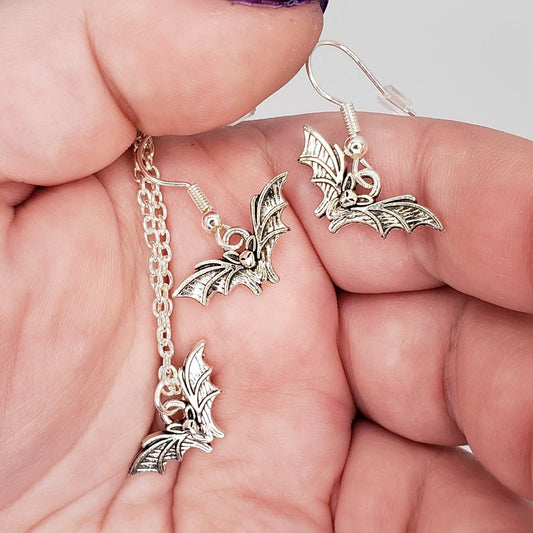 Dainty Silver Bat Earring and Necklace Set