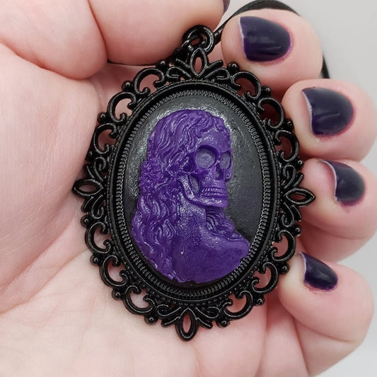 Glow-in-the-dark Purple, Black, and Blue Handmade Resin Gothic Cameo Necklaces (multiple styles)