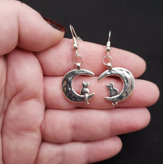 Silver Cat and Moon Earrings