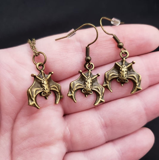 Bronze Hanging Bat Charm Earrings and Necklace Set